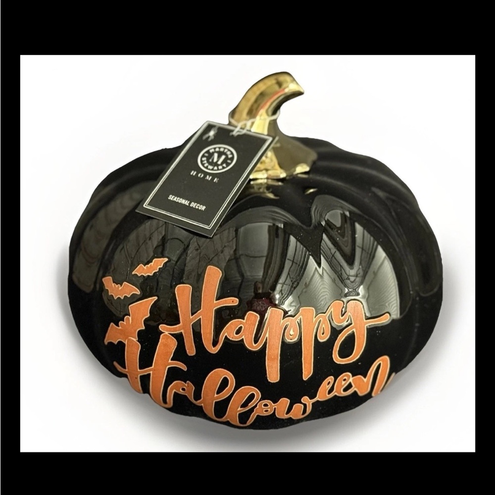 Martha Stewart Ceramic Halloween Pumpkin Decor HAPPY HALLOWEEN w/ Bats